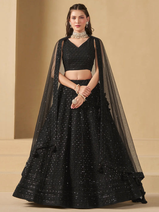 Black Party Wear Lehenga With Sequins Embroidery Work And Dupatta
