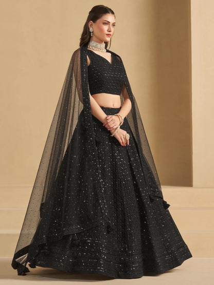 Black Party Wear Lehenga With Sequins Embroidery Work And Dupatta