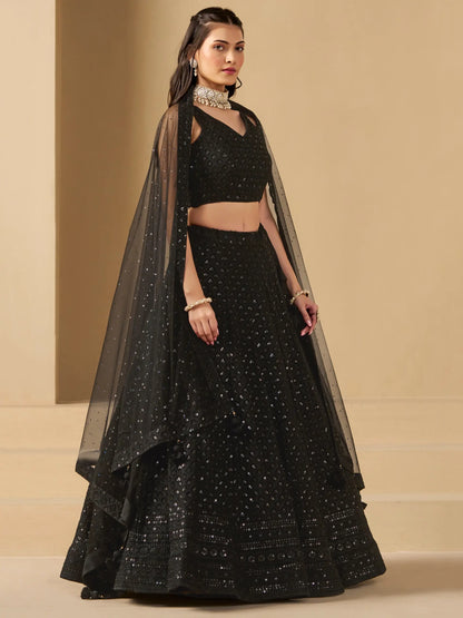 Black Party Wear Lehenga With Sequins Embroidery Work And Dupatta