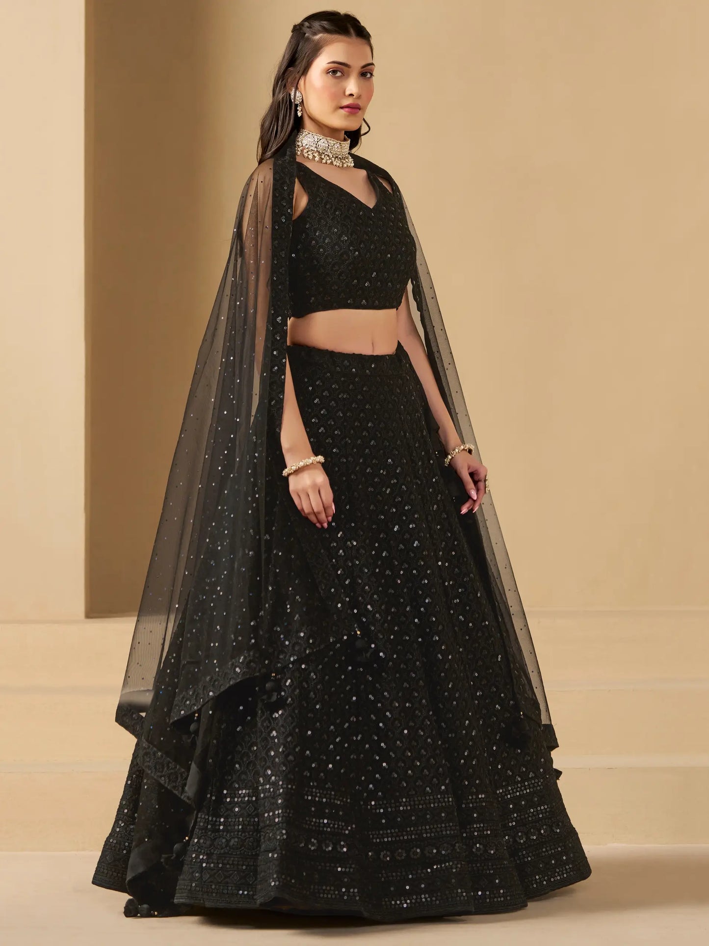 Black Party Wear Lehenga With Sequins Embroidery Work And Dupatta