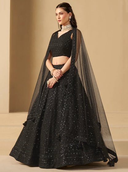 Black Party Wear Lehenga With Sequins Embroidery Work And Dupatta
