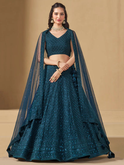 Teal Blue Georgette Lehenga With Sequins Embroidery Work And Dupatta