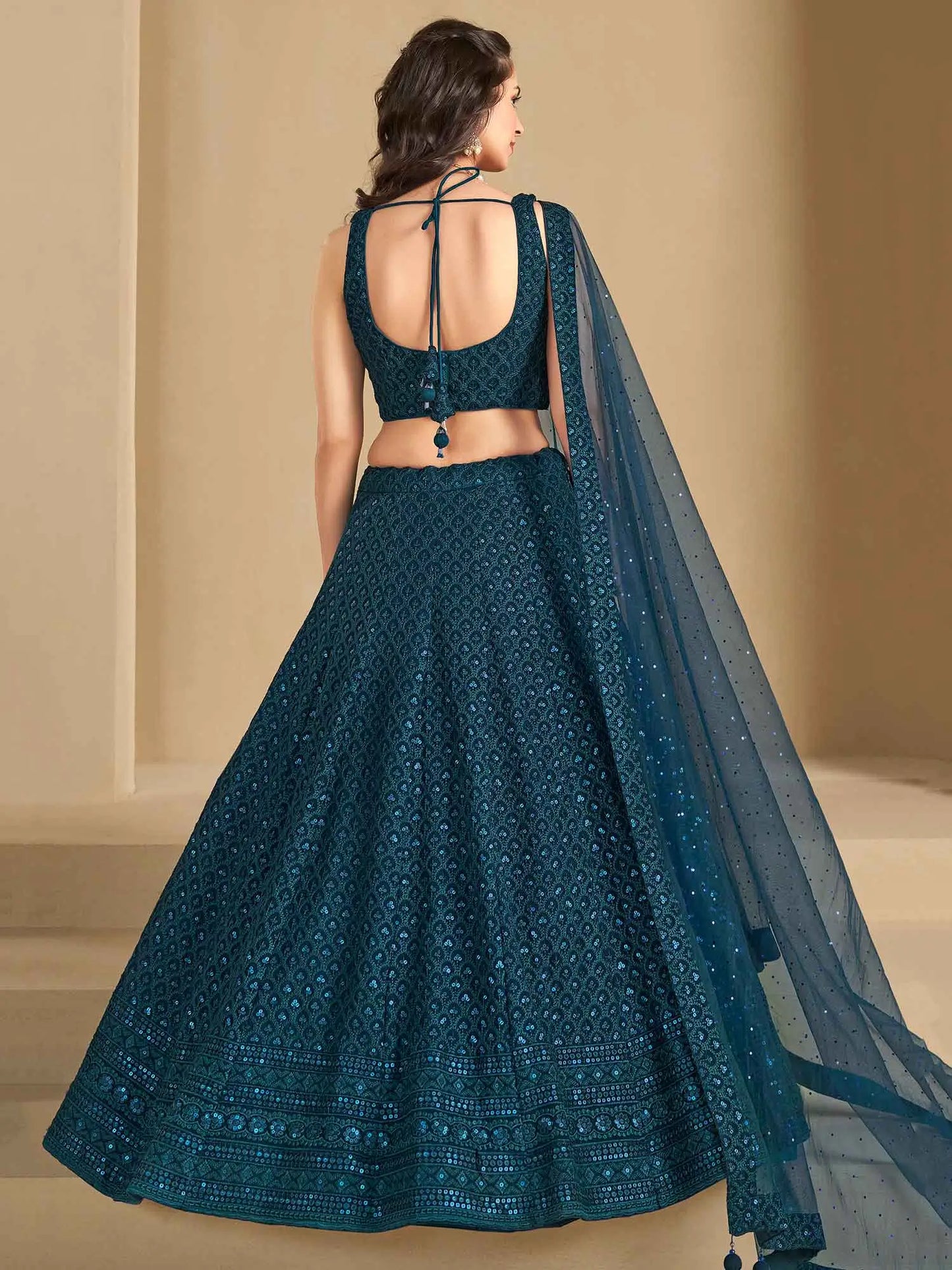Teal Blue Georgette Lehenga With Sequins Embroidery Work And Dupatta