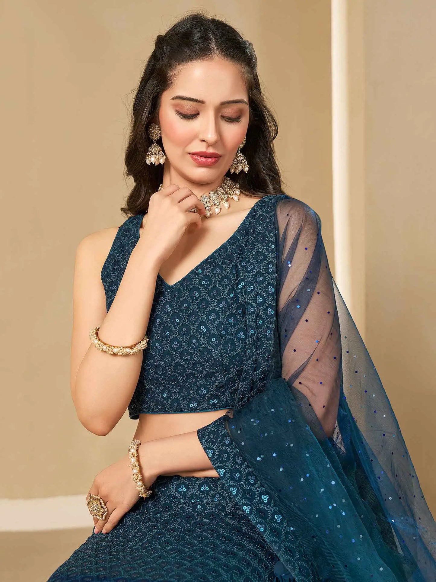 Teal Blue Georgette Lehenga With Sequins Embroidery Work And Dupatta