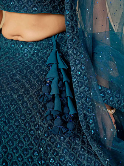 Teal Blue Georgette Lehenga With Sequins Embroidery Work And Dupatta