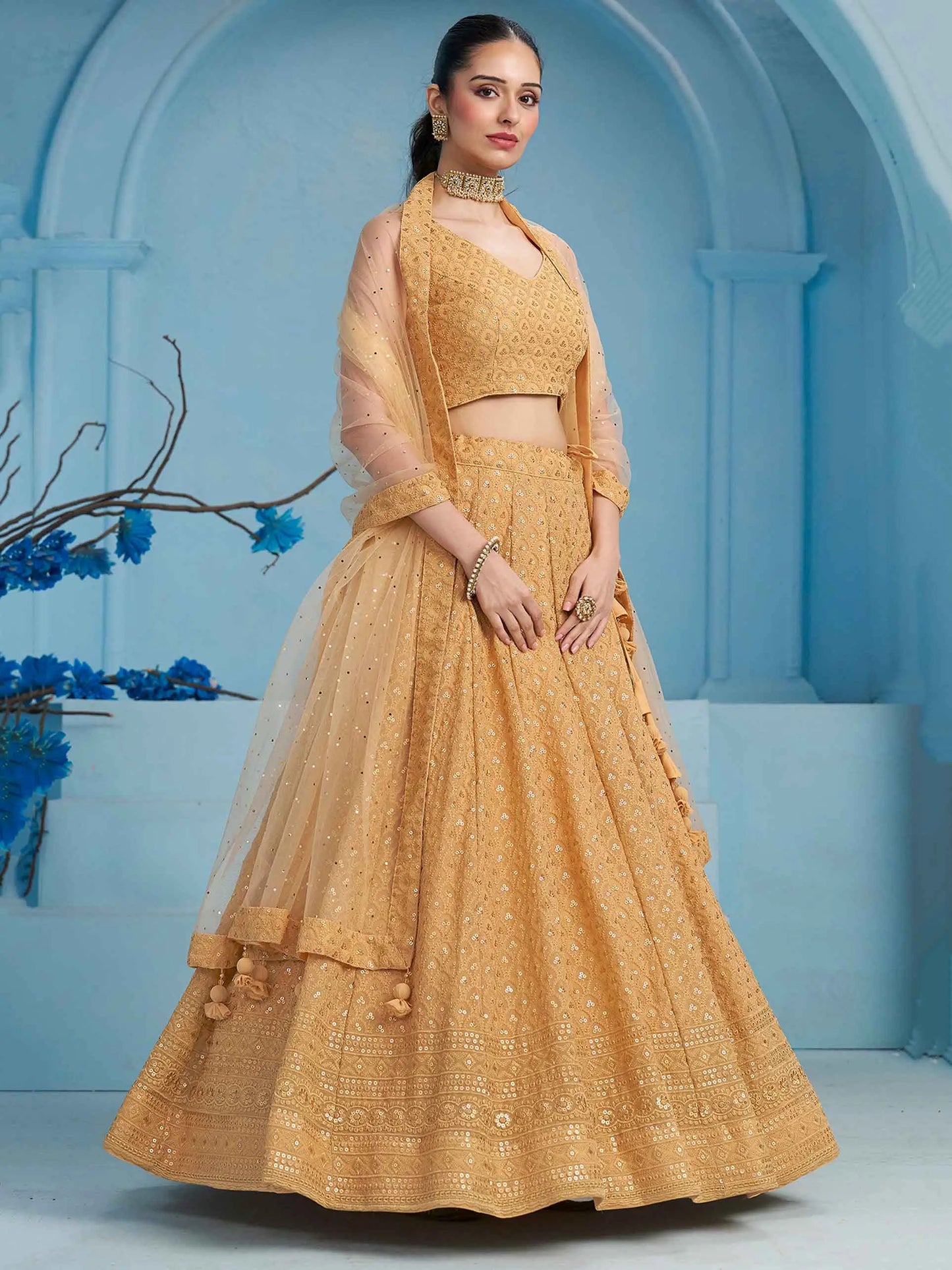 Beige Party Wear Lehenga With Sequins Embroidery Work And Dupatta