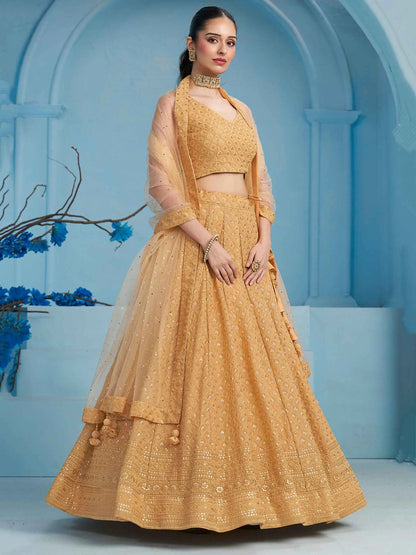 Beige Party Wear Lehenga With Sequins Embroidery Work And Dupatta