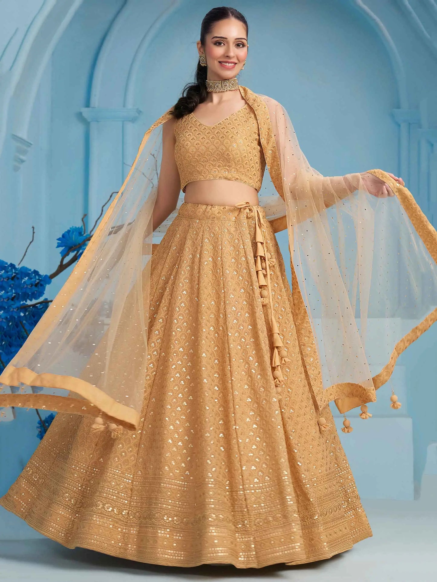 Beige Party Wear Lehenga With Sequins Embroidery Work And Dupatta