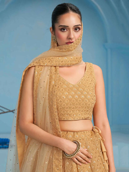 Beige Party Wear Lehenga With Sequins Embroidery Work And Dupatta