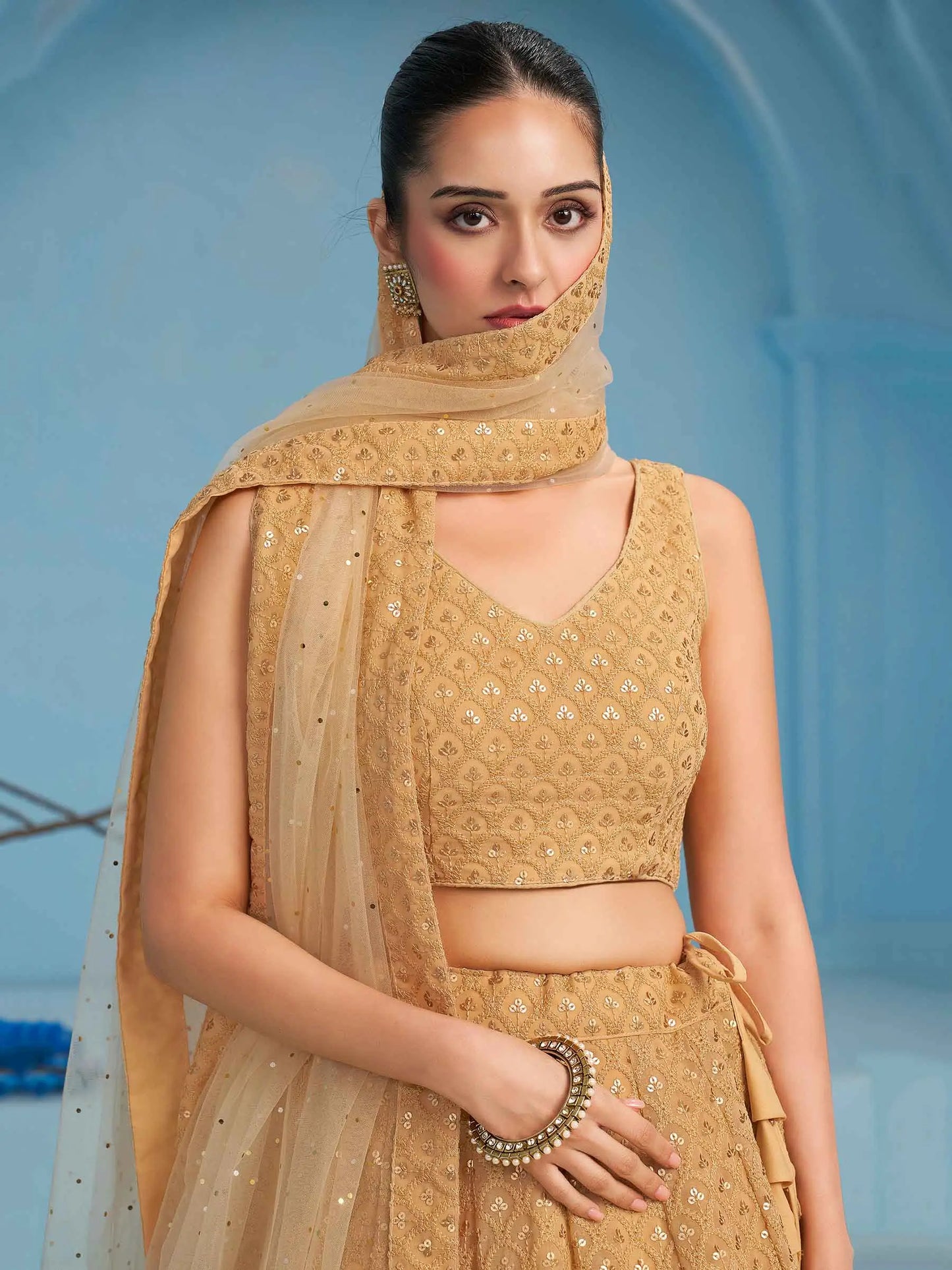 Beige Party Wear Lehenga With Sequins Embroidery Work And Dupatta
