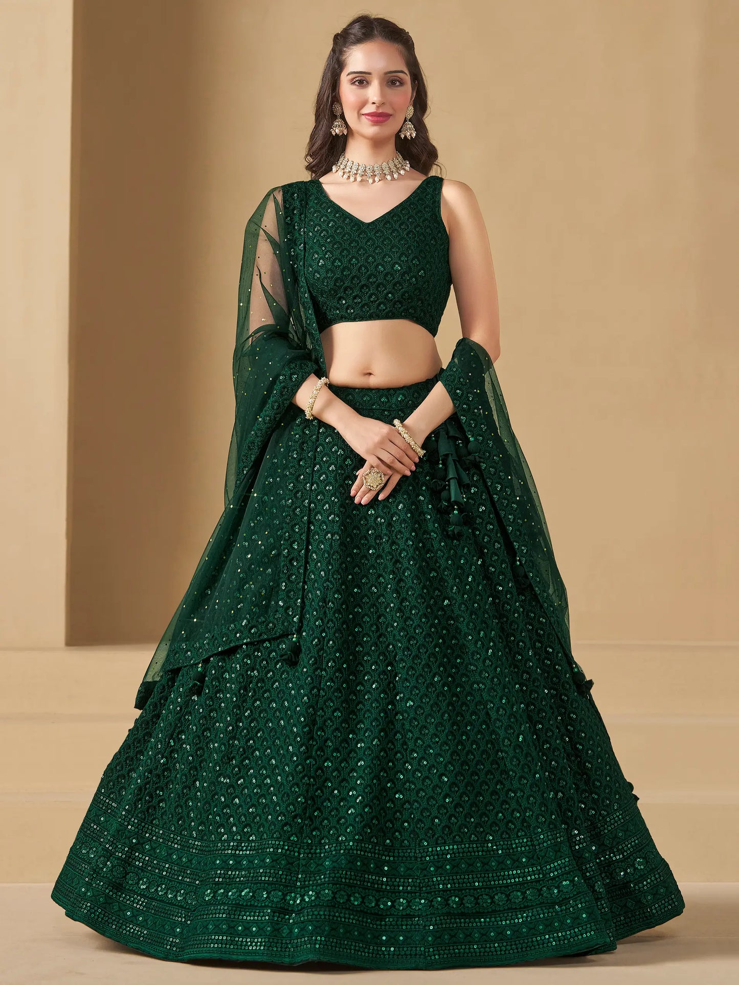 Dark Green Sequins Embroidery Work Party Wear Lehenga With Dupatta