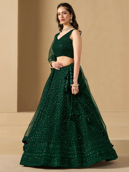 Dark Green Sequins Embroidery Work Party Wear Lehenga With Dupatta