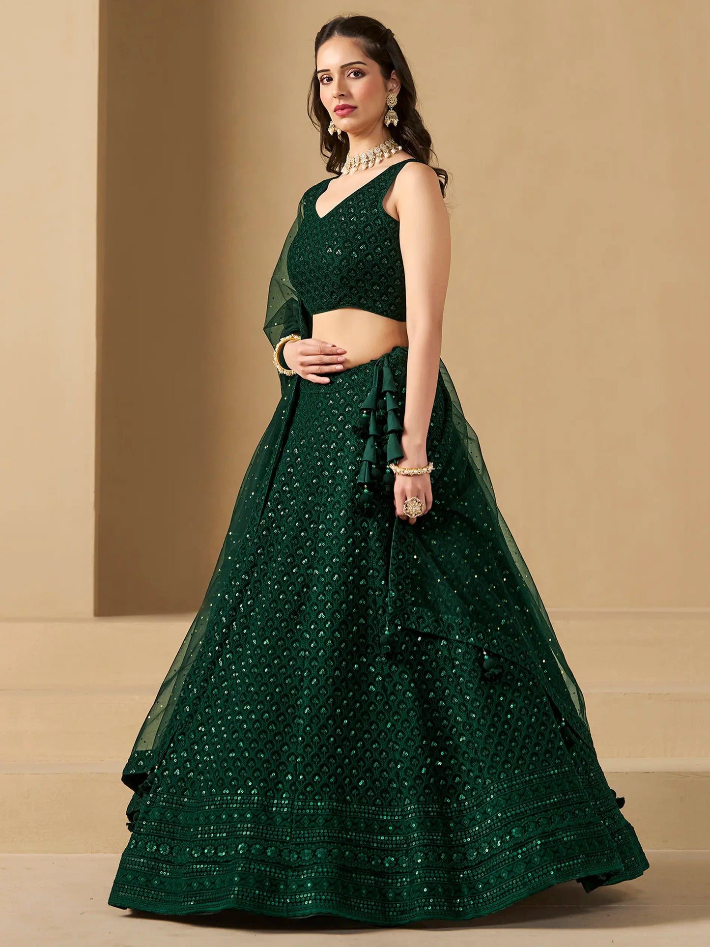 Dark Green Sequins Embroidery Work Party Wear Lehenga With Dupatta