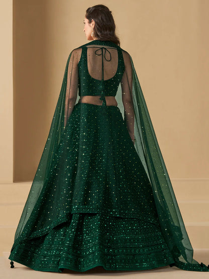 Dark Green Sequins Embroidery Work Party Wear Lehenga With Dupatta
