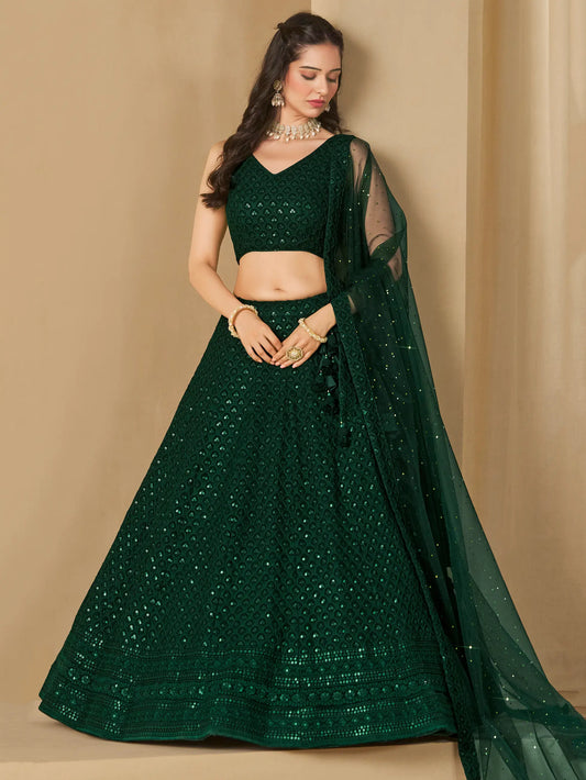 Dark Green Sequins Embroidery Work Party Wear Lehenga With Dupatta
