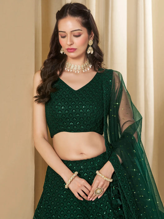 Dark Green Sequins Embroidery Work Party Wear Lehenga With Dupatta