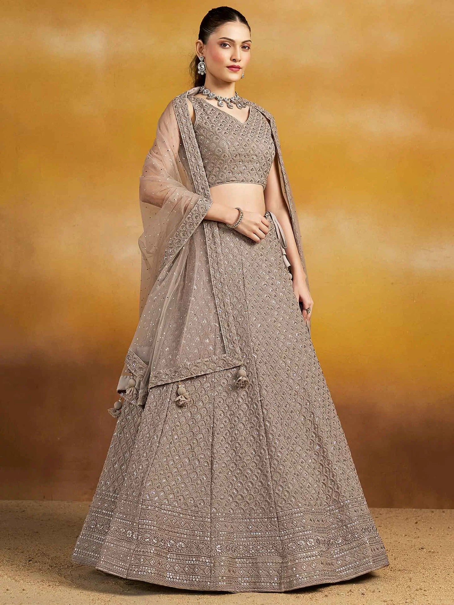 Designer Grey Party Wear Lehenga With Sequins Embroidery Work And Dupatta