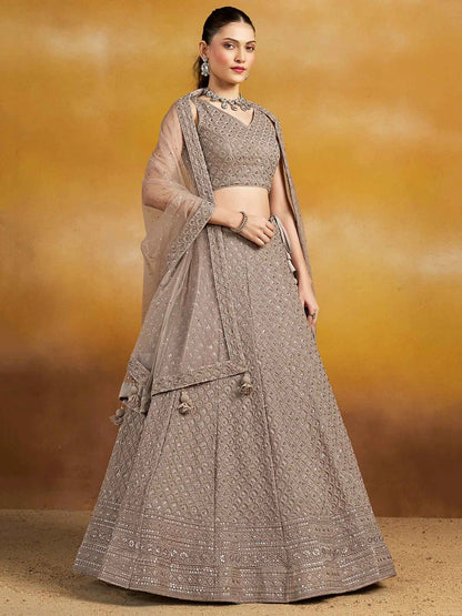 Designer Grey Party Wear Lehenga With Sequins Embroidery Work And Dupatta
