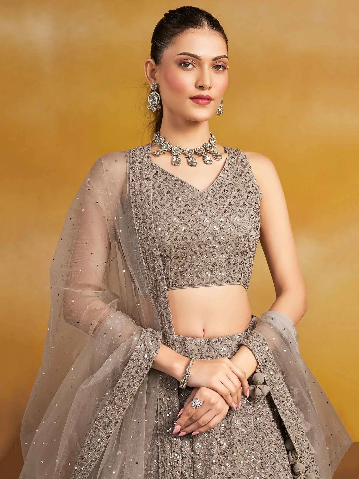 Designer Grey Party Wear Lehenga With Sequins Embroidery Work And Dupatta