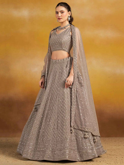Designer Grey Party Wear Lehenga With Sequins Embroidery Work And Dupatta