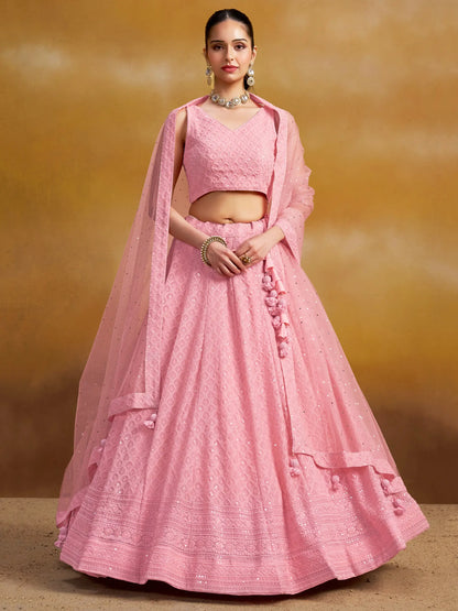 Light Pink Georgette Lehenga With Sequins Embroidery Work And Dupatta