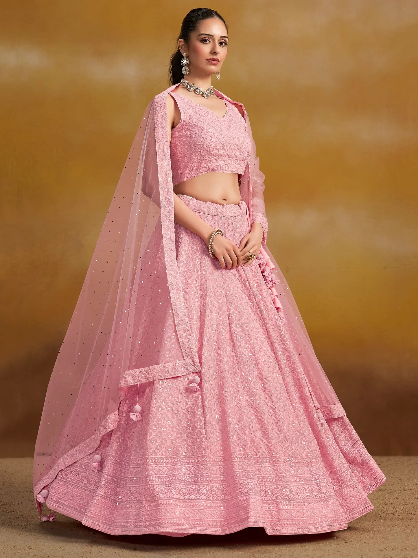 Light Pink Georgette Lehenga With Sequins Embroidery Work And Dupatta