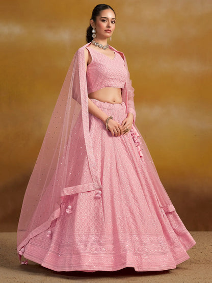 Light Pink Georgette Lehenga With Sequins Embroidery Work And Dupatta