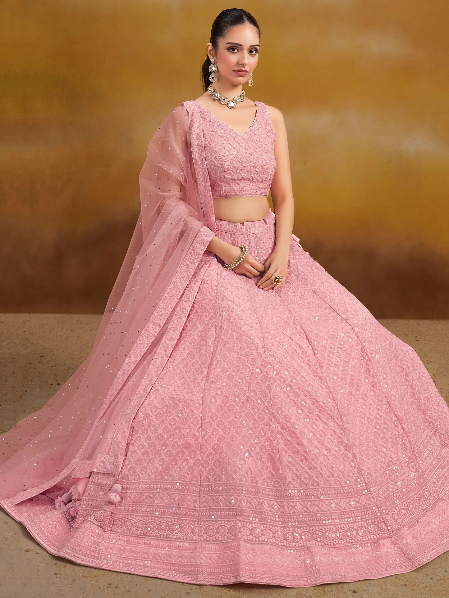 Light Pink Georgette Lehenga With Sequins Embroidery Work And Dupatta