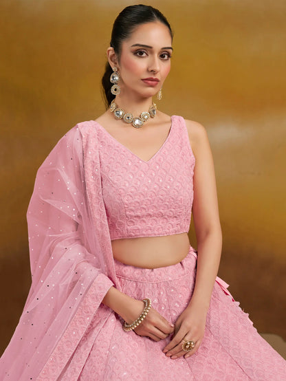 Light Pink Georgette Lehenga With Sequins Embroidery Work And Dupatta
