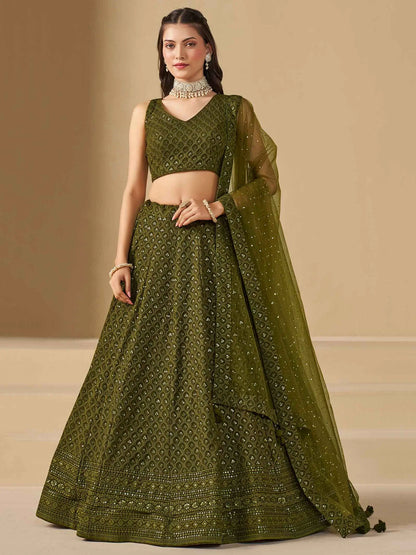 Mehendi Green Designer Lehenga With Sequins Embroidery Work And Dupatta