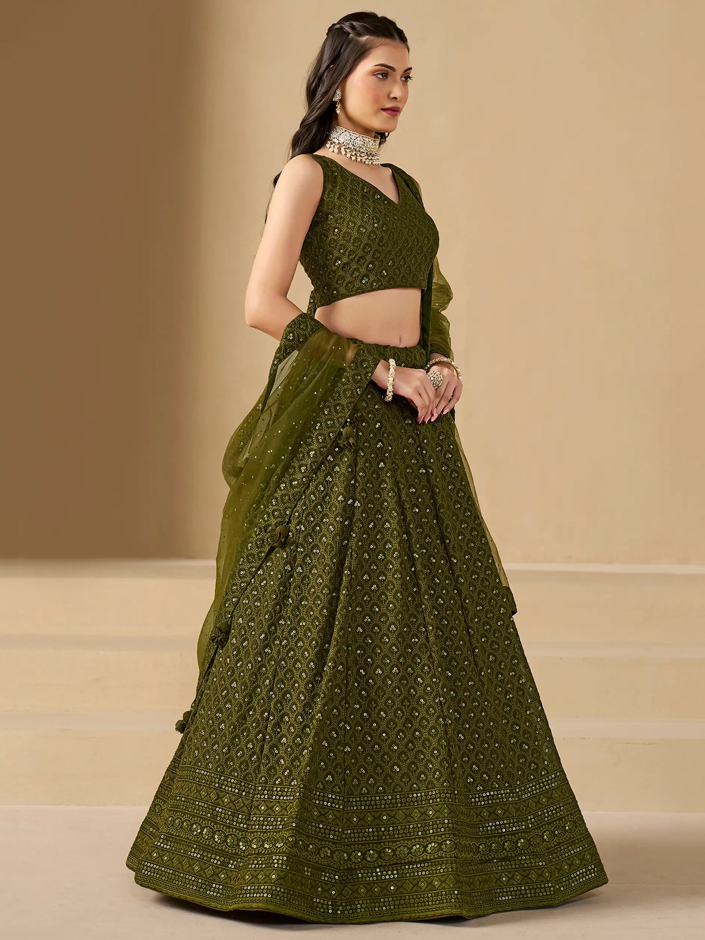 Mehendi Green Designer Lehenga With Sequins Embroidery Work And Dupatta