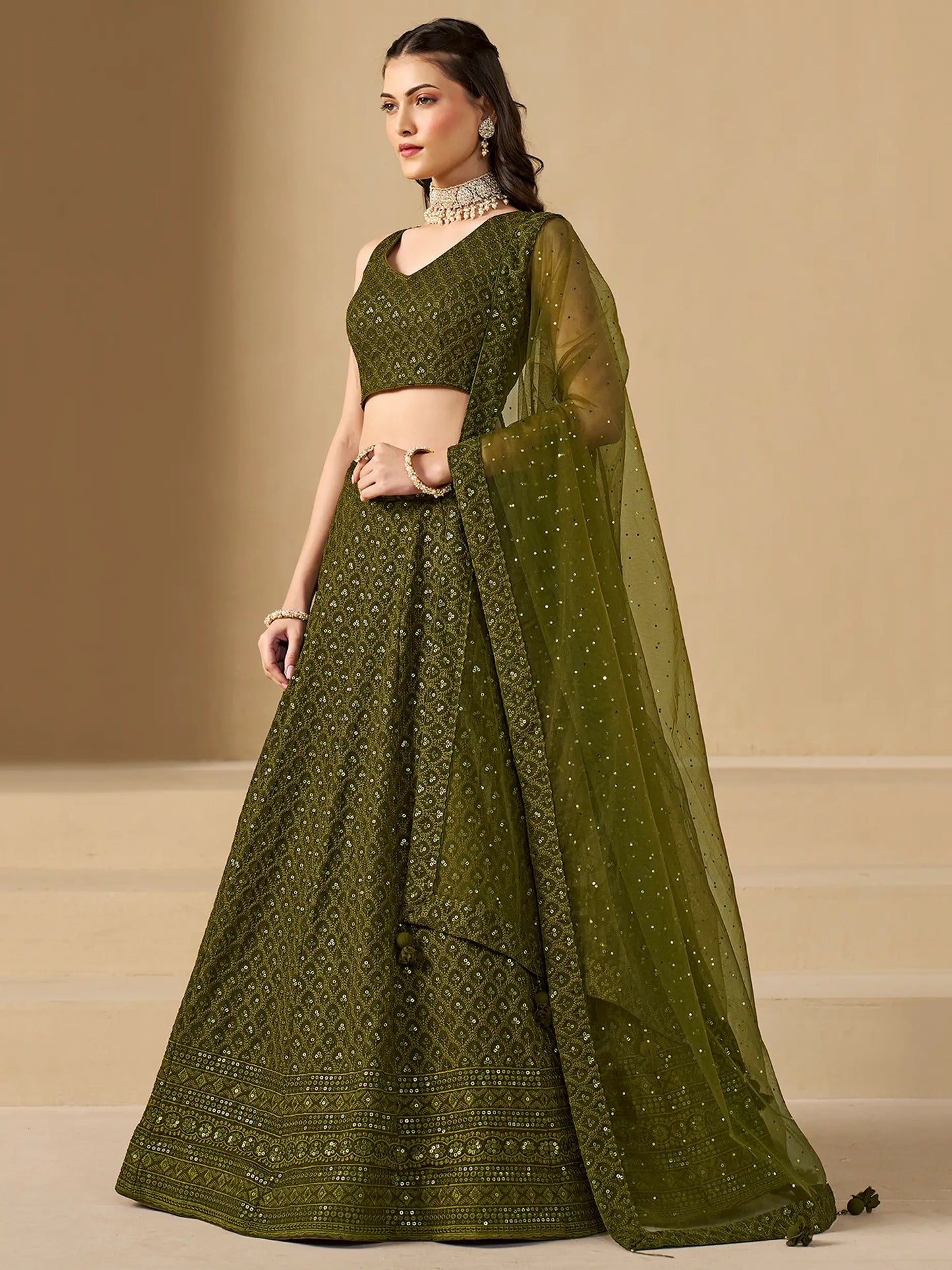 Mehendi Green Designer Lehenga With Sequins Embroidery Work And Dupatta