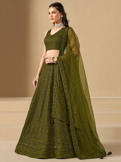 Mehendi Green Designer Lehenga With Sequins Embroidery Work And Dupatta