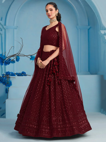 Maroon Designer Lehenga With Sequins Embroidery Work And Dupatta