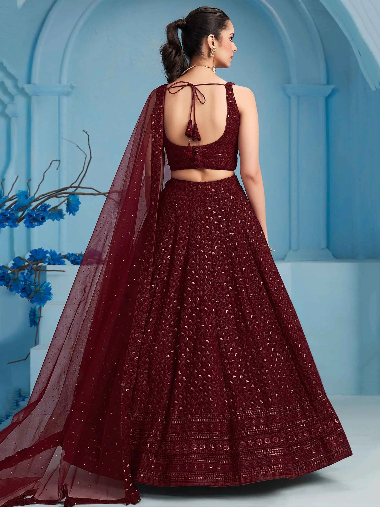 Maroon Designer Lehenga With Sequins Embroidery Work And Dupatta