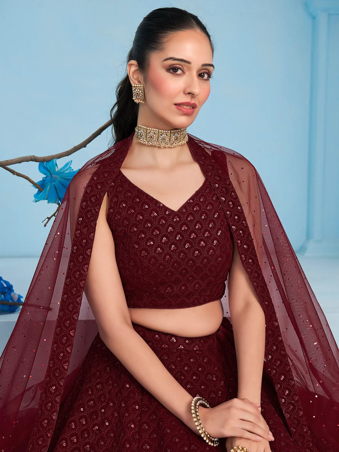 Maroon Designer Lehenga With Sequins Embroidery Work And Dupatta