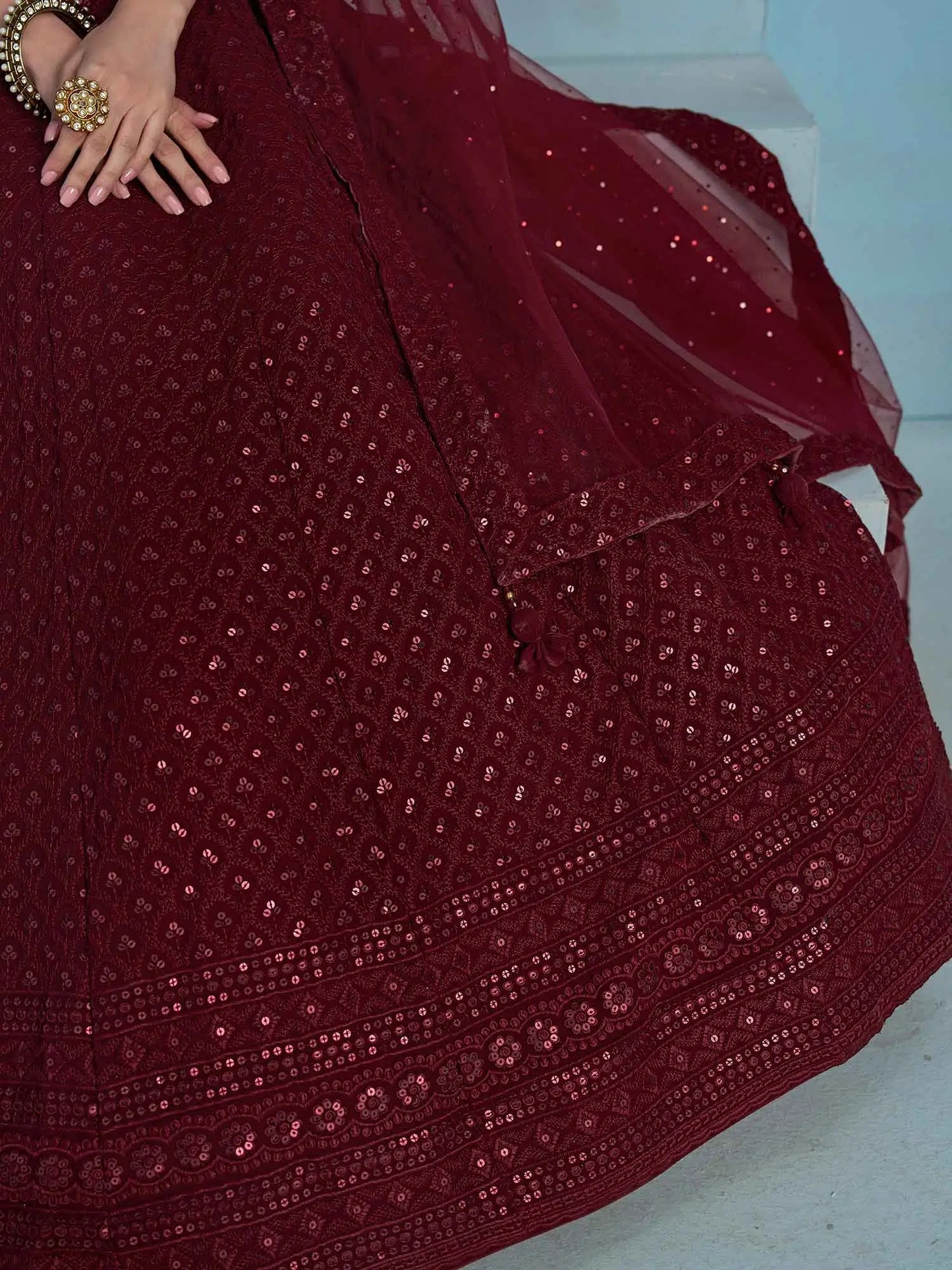 Maroon Designer Lehenga With Sequins Embroidery Work And Dupatta