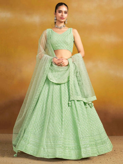 Light Mint green Designer Lehenga With Sequins Embroidery Work And Dupatta