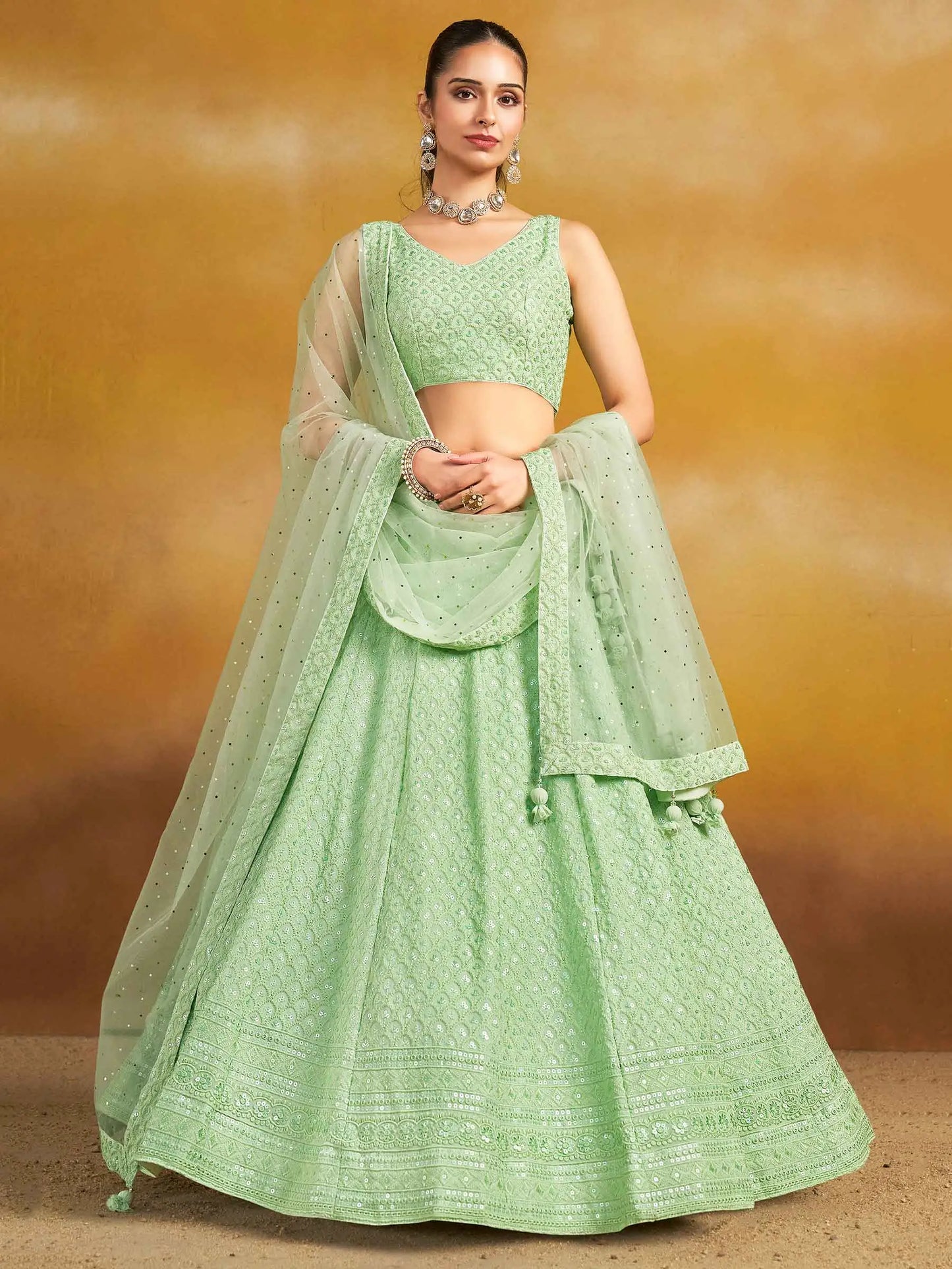 Light Mint green Designer Lehenga With Sequins Embroidery Work And Dupatta