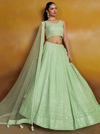 Light Mint green Designer Lehenga With Sequins Embroidery Work And Dupatta