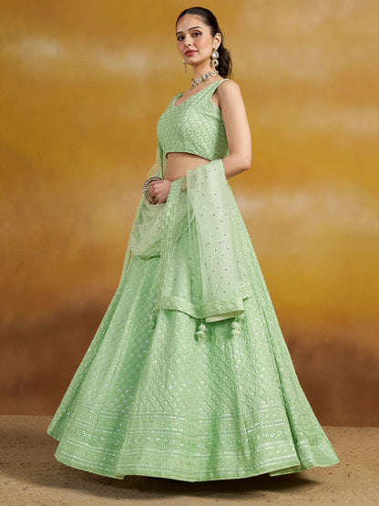 Light Mint green Designer Lehenga With Sequins Embroidery Work And Dupatta