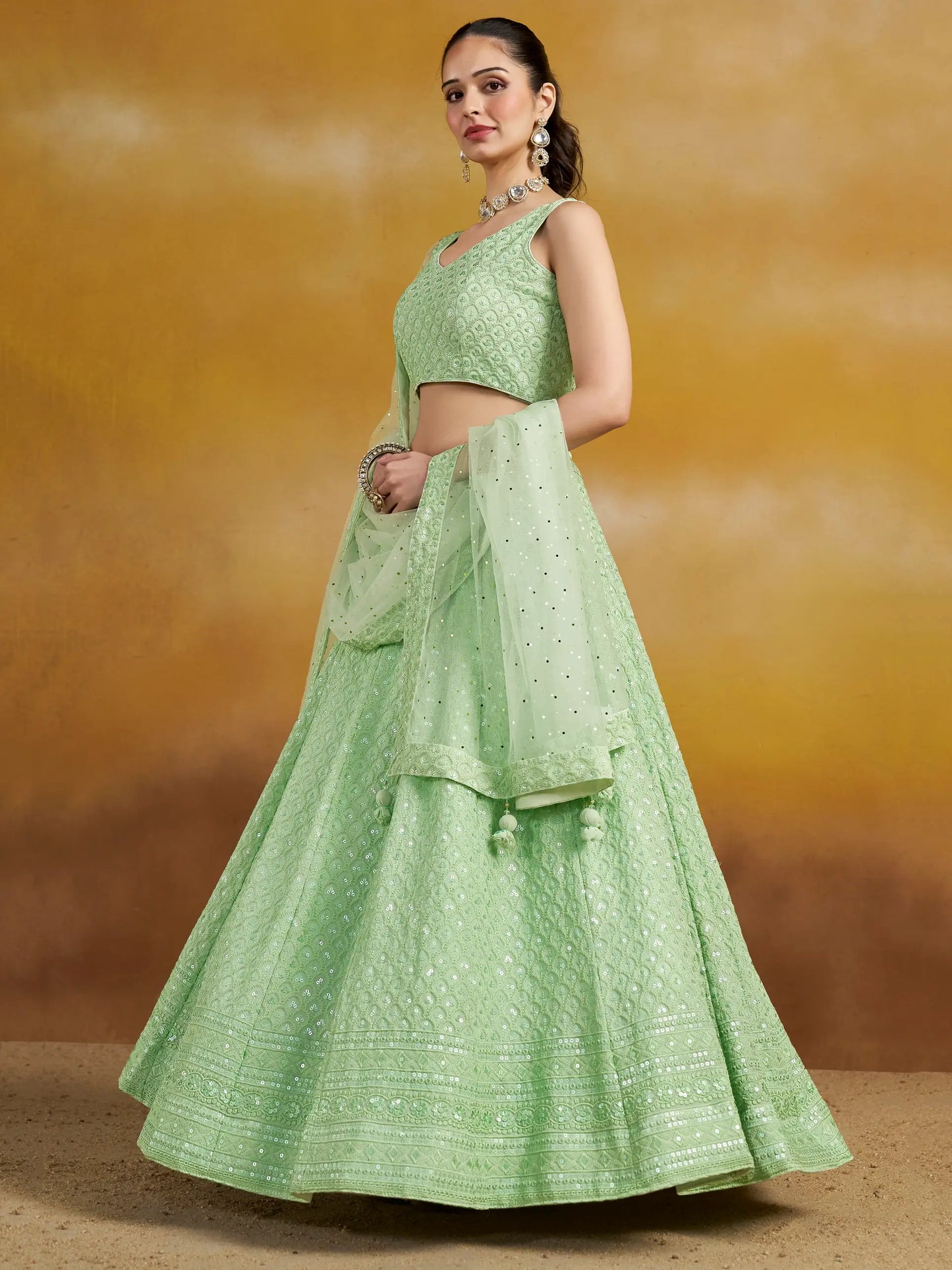 Light Mint green Designer Lehenga With Sequins Embroidery Work And Dupatta