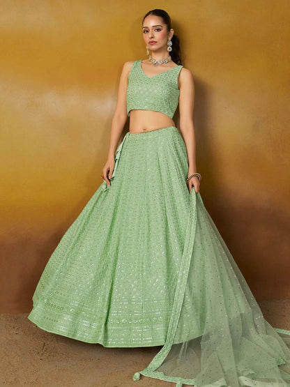 Light Mint green Designer Lehenga With Sequins Embroidery Work And Dupatta
