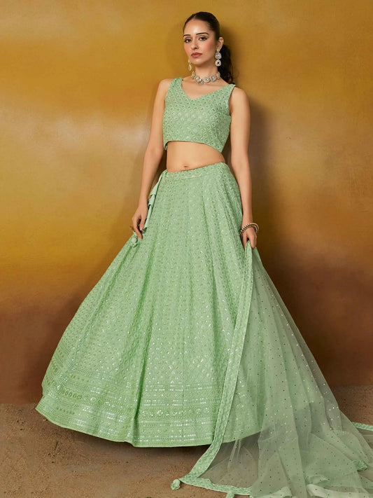 Light Mint green Designer Lehenga With Sequins Embroidery Work And Dupatta