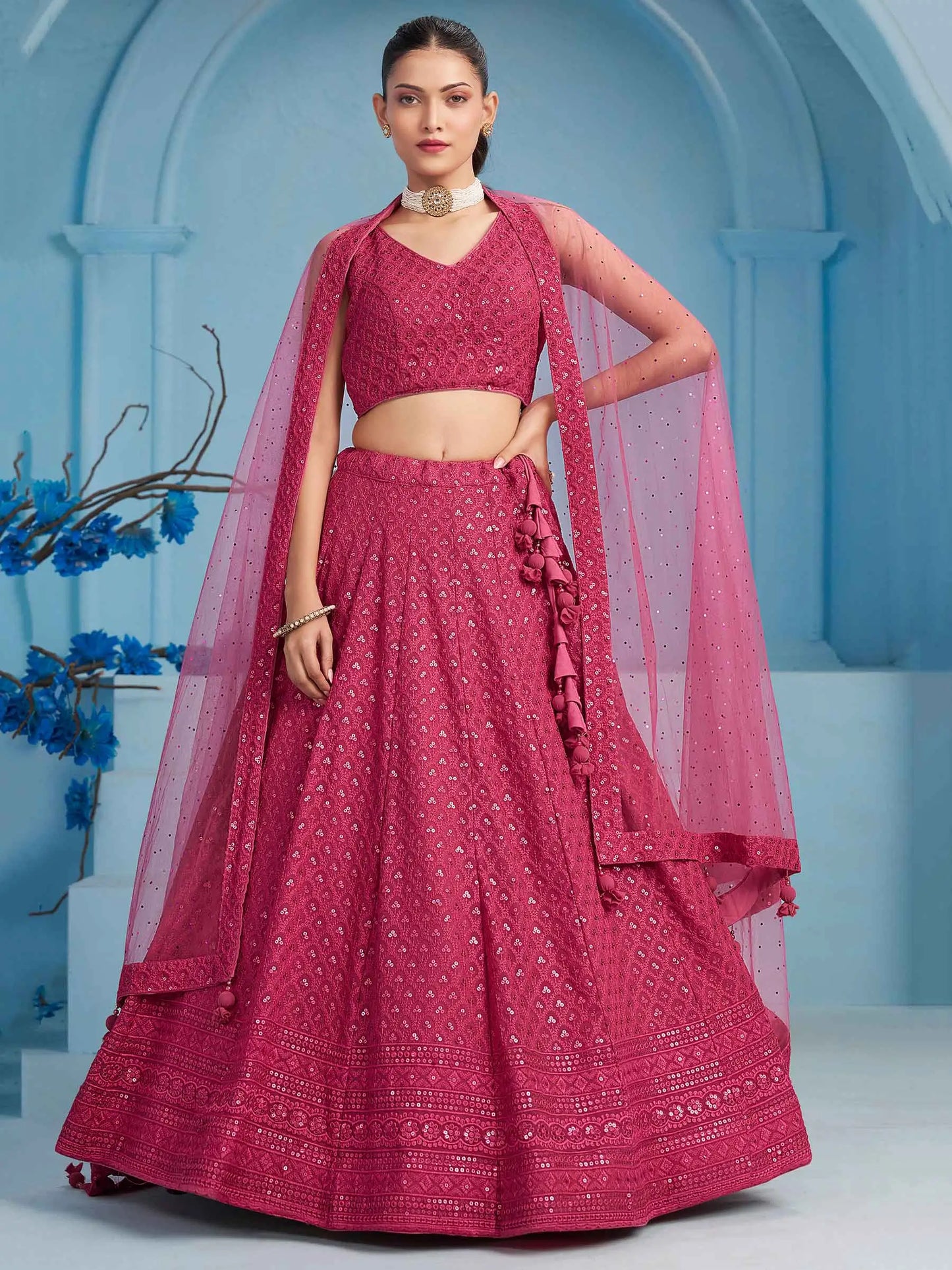 Rosy Pink Party Wear Lehenga With Sequins Embroidery Work And Dupatta