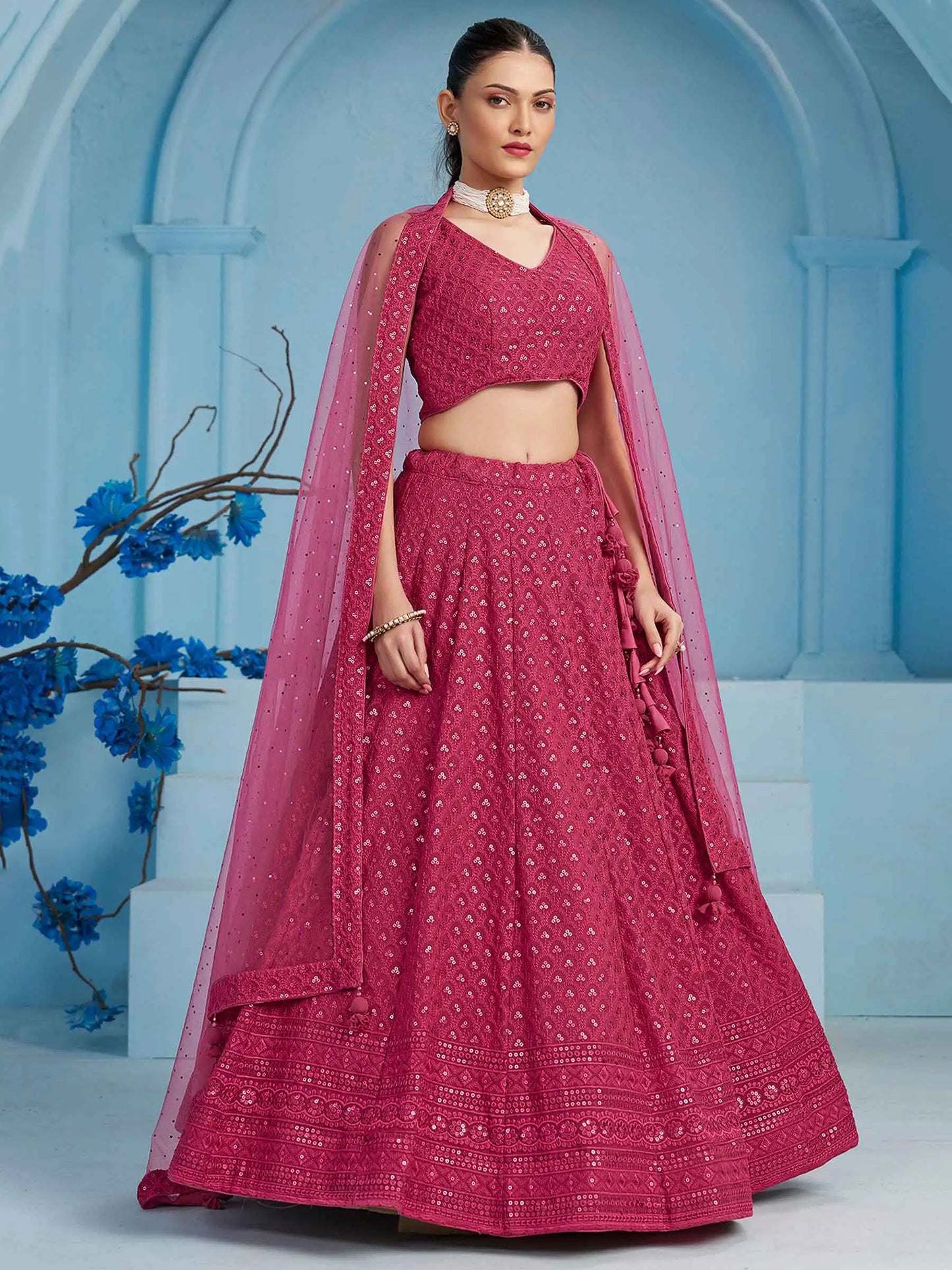 Rosy Pink Party Wear Lehenga With Sequins Embroidery Work And Dupatta