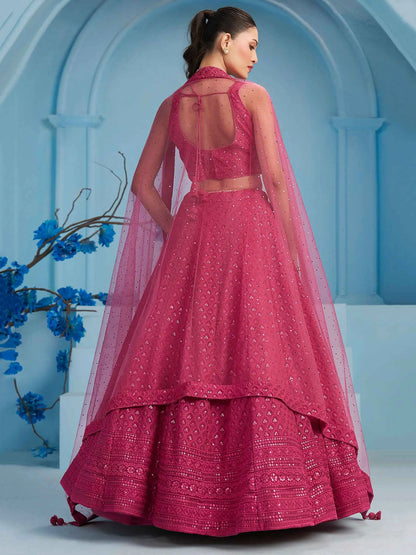 Rosy Pink Party Wear Lehenga With Sequins Embroidery Work And Dupatta