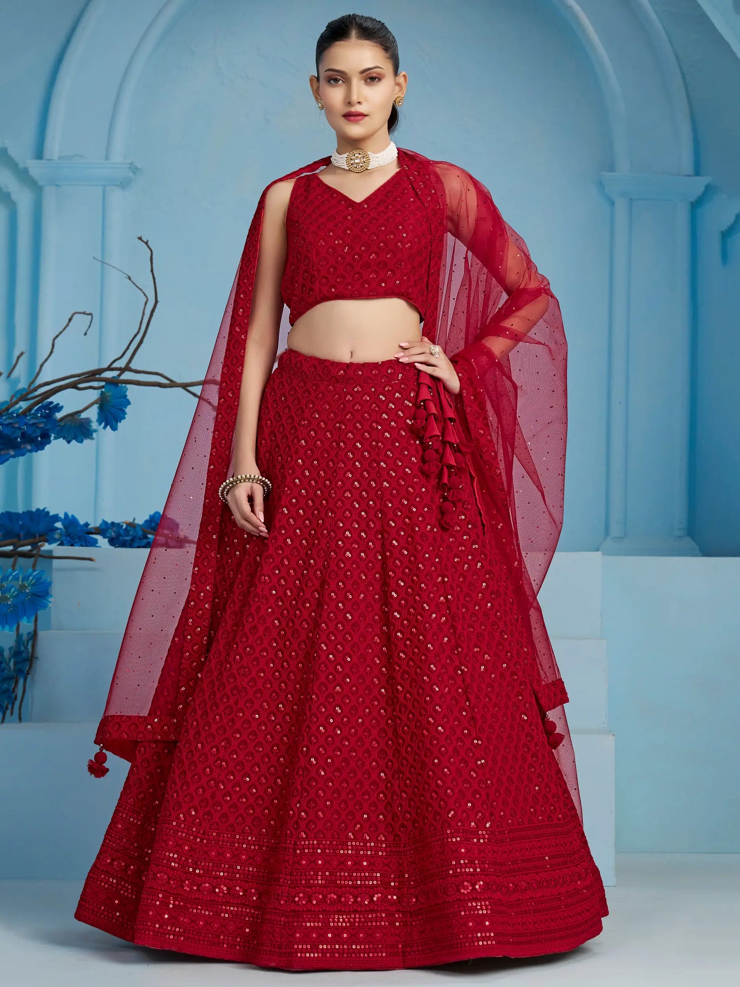 Red Party Wear Lehenga With Sequins Embroidery Work And Dupatta