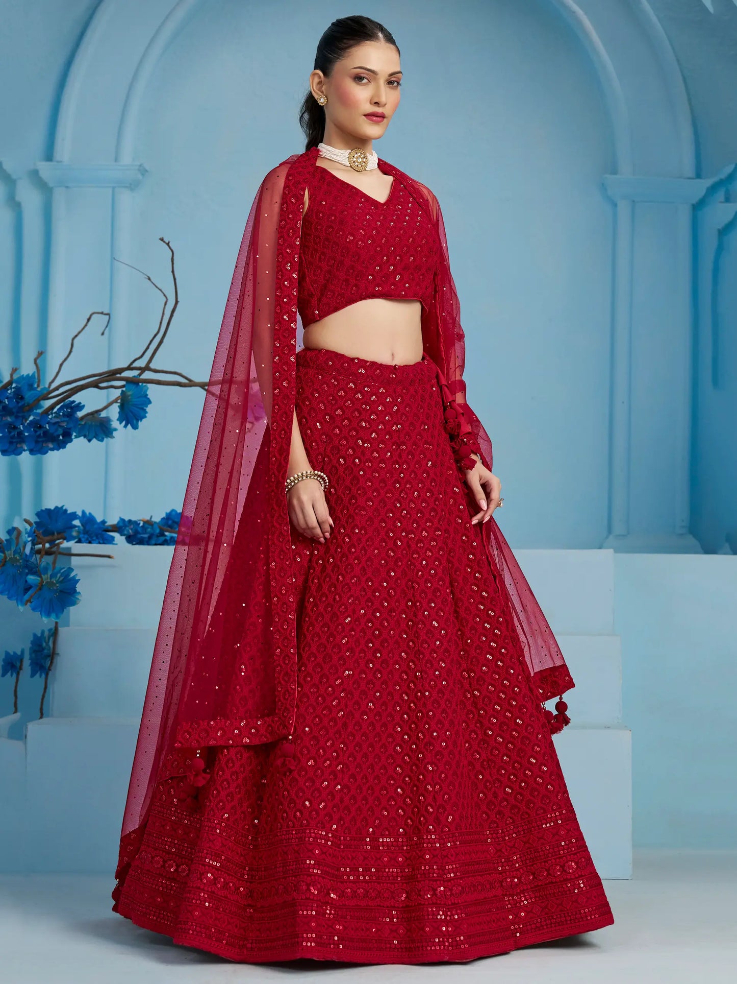 Red Party Wear Lehenga With Sequins Embroidery Work And Dupatta