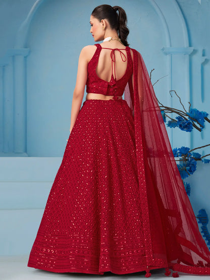 Red Party Wear Lehenga With Sequins Embroidery Work And Dupatta